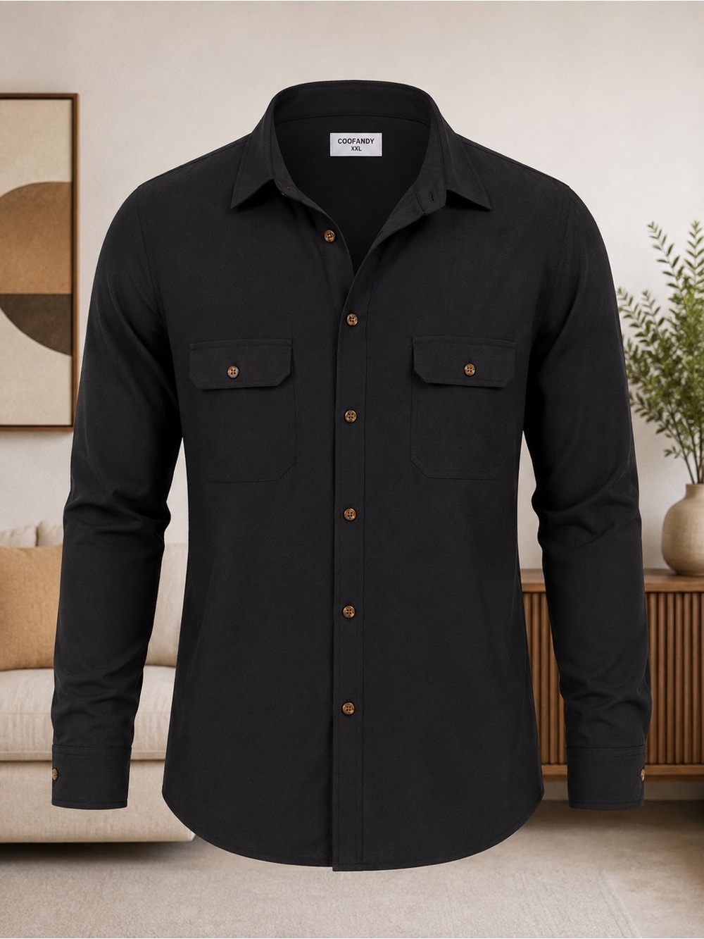 COOFANDY Men's Black Long-Sleeve Casual Button-Down Shirt